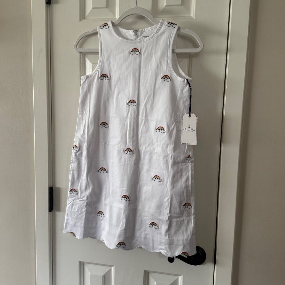 New Classic Prep Girls White Piper Scallop Rainbow Embroidery Shift Dress 10